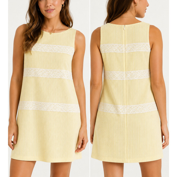 London Times Dresses & Skirts - London Times Yellow Seersucker Dress Size 8 Sleeveless Lace Detail Shift Resort